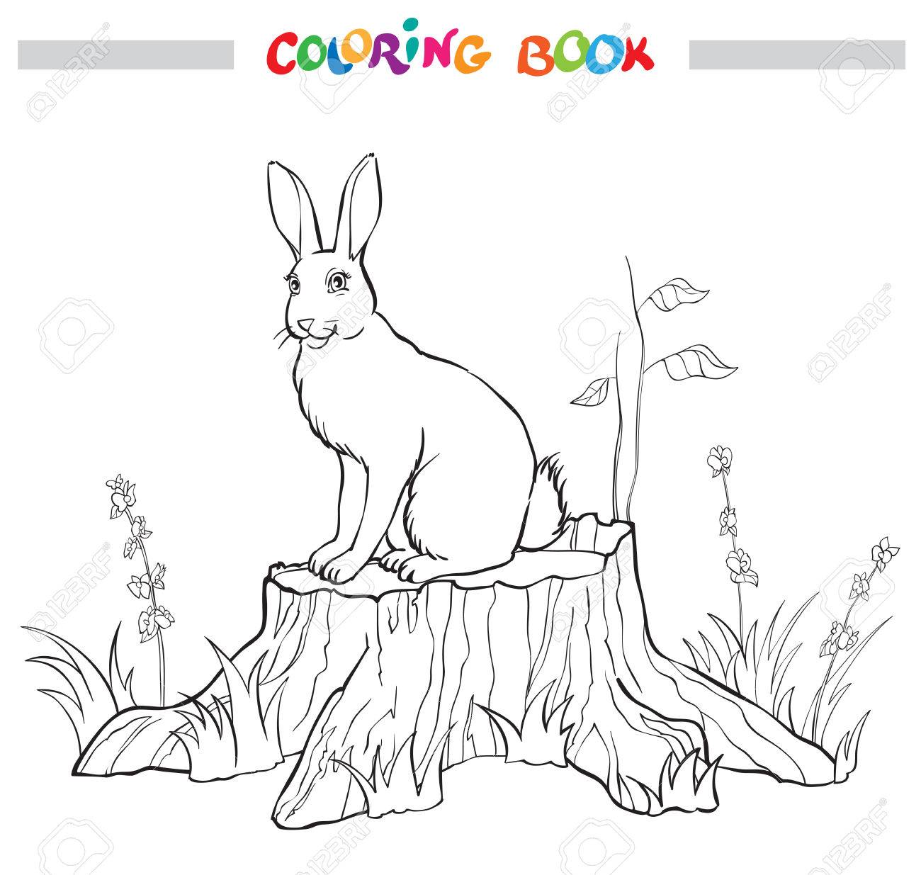 ウサギと切り株 花草 ベクトル イラストの塗り絵 のイラスト素材 ベクタ Image ウサギと切り株 花草 ベクトル イラストの塗り絵 のイラスト素材 ベクタ Image