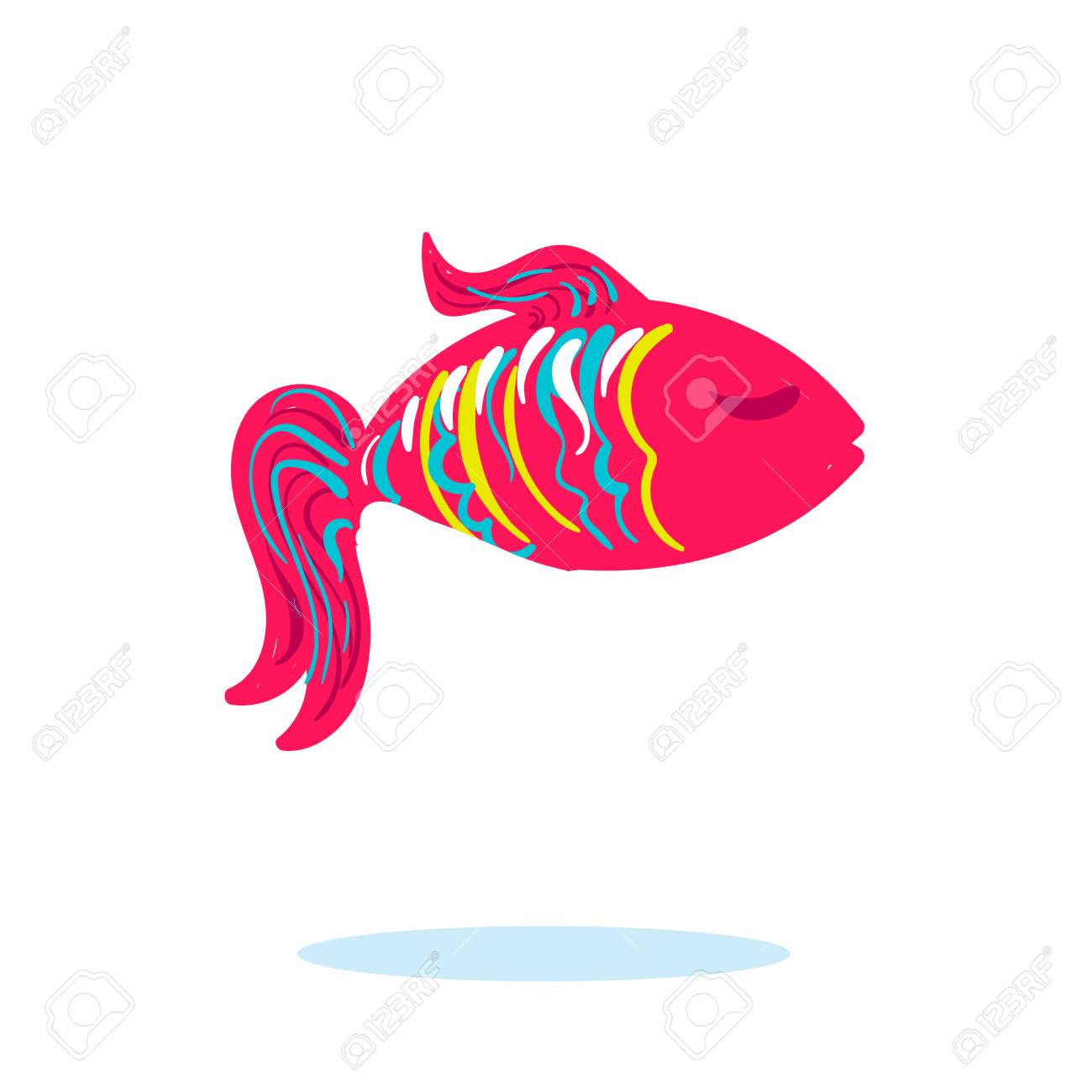 目を閉じてとカラフルなストライプと分離したピンク色で海の魚 のイラスト素材 ベクタ Image