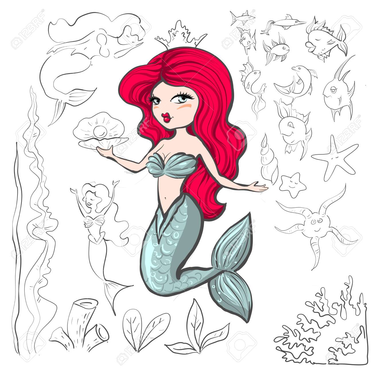 Cute Little Mermaid With Red Hair And Pearl Different Fishes