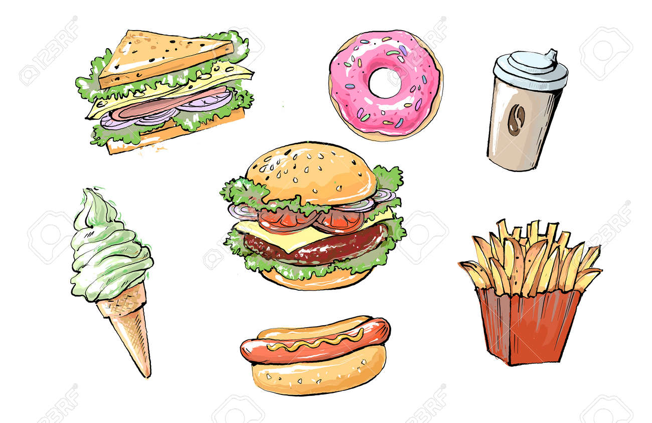 set of delicious and juicy fast food products. realistic colored sketch illustration of street food and cafes - 157384393 set of delicious and juicy fast food products. realistic colored sketch illustration of street food and cafes - 157384393