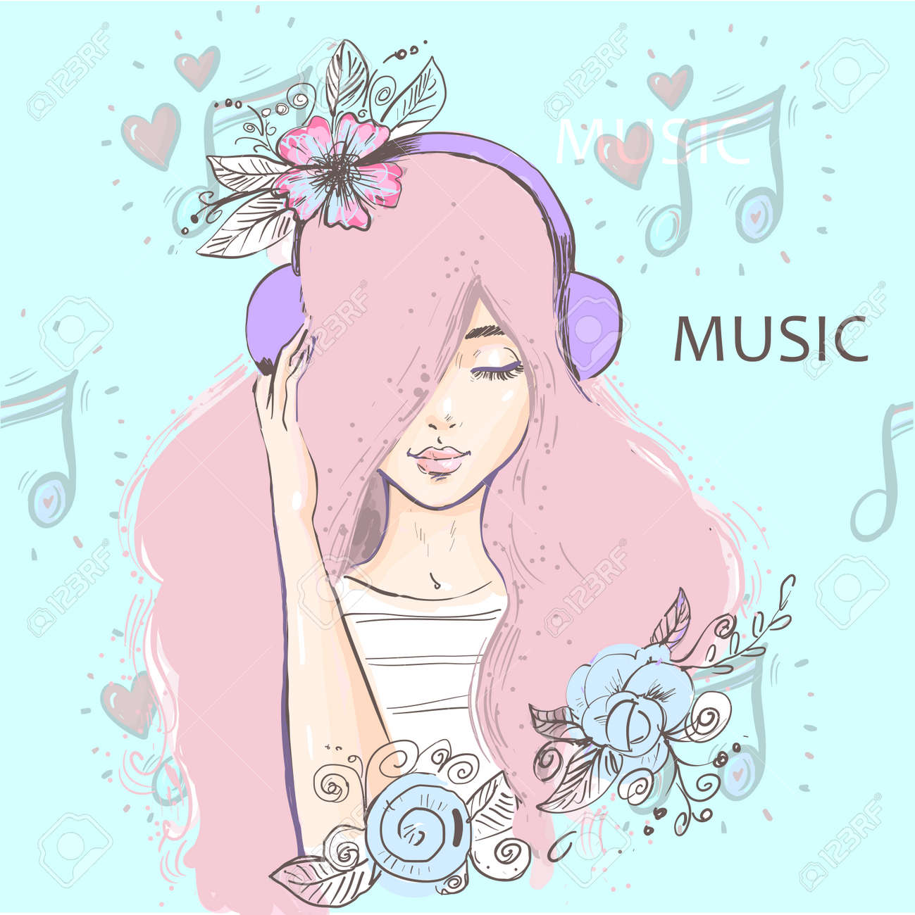 Beautiful deep in thought girl with long pink hair listening to music on headphones with notes background - 164147455 Beautiful deep in thought girl with long pink hair listening to music on headphones with notes background - 164147455