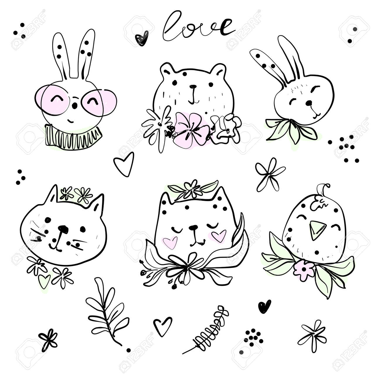 Cute hipster animals with spring flowers line illustration, bunny bear cat bird - 164586092 Cute hipster animals with spring flowers line illustration, bunny bear cat bird - 164586092