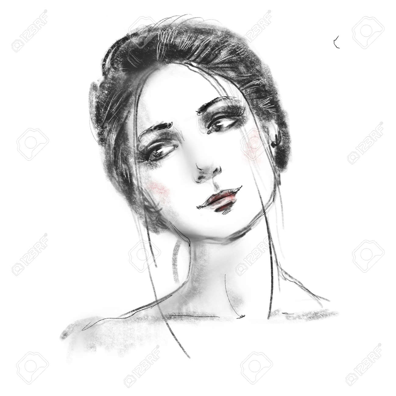 Beautiful girl face close up sketch. Hand drawn black and white pencil fashion illustration. Young woman portrait. - 164944863 Beautiful girl face close up sketch. Hand drawn black and white pencil fashion illustration. Young woman portrait. - 164944863