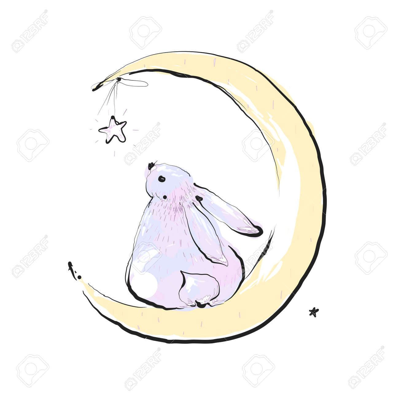 Bunny seating on the moon and watching star. Card with Cute bunny. Concept idea. Good night. Can be used for children. Vector Ilustration - 169291686 Bunny seating on the moon and watching star. Card with Cute bunny. Concept idea. Good night. Can be used for children. Vector Ilustration - 169291686