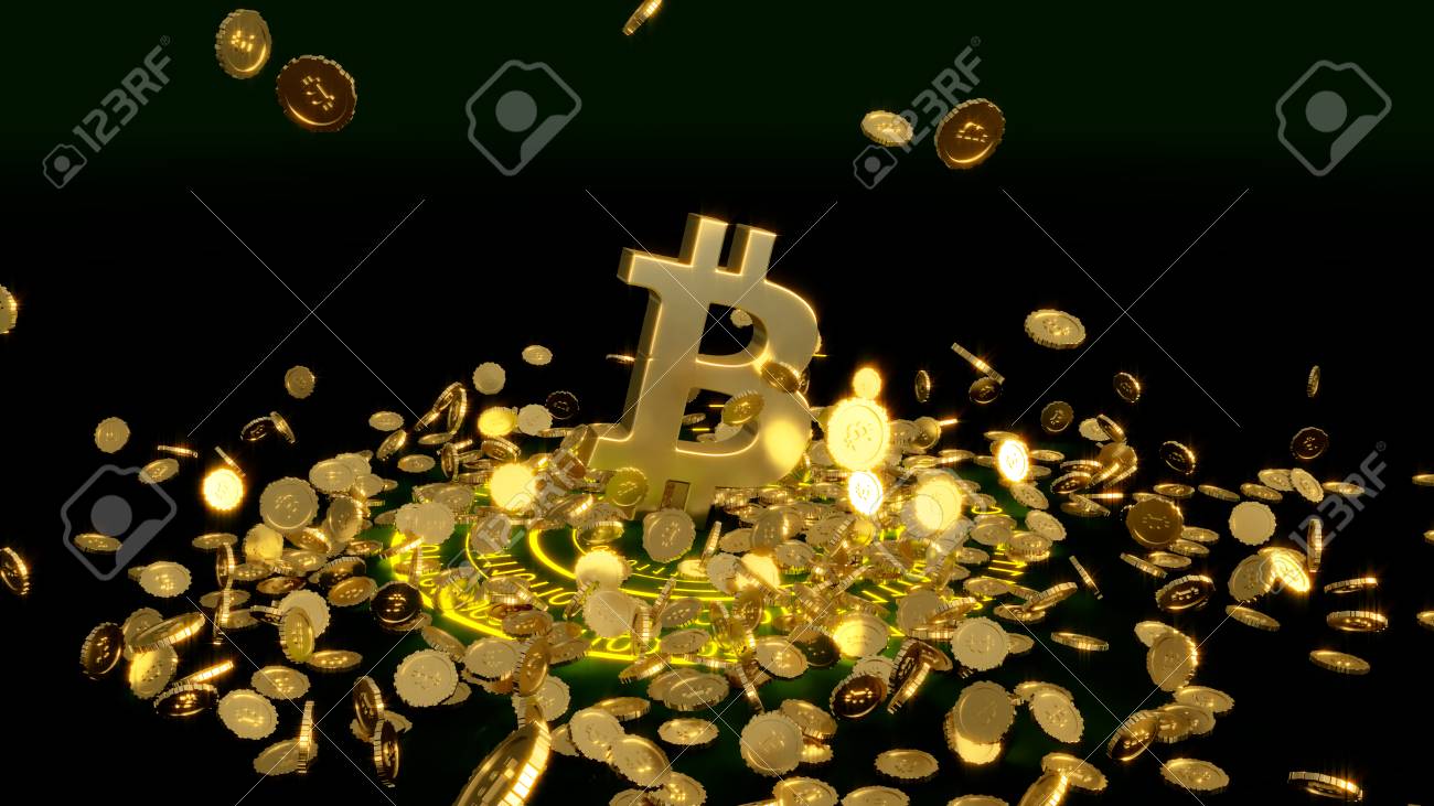 異なる方向に散らばるビットコインロゴ金貨の3Dモデル。マイニング。3D レンダリング。の写真素材・画像素材 Image 94882020