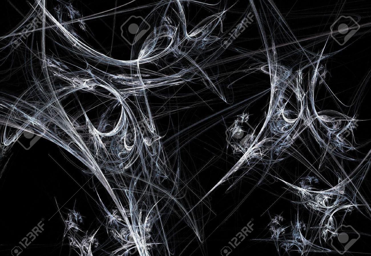 white fractal spider web design on a black background that is