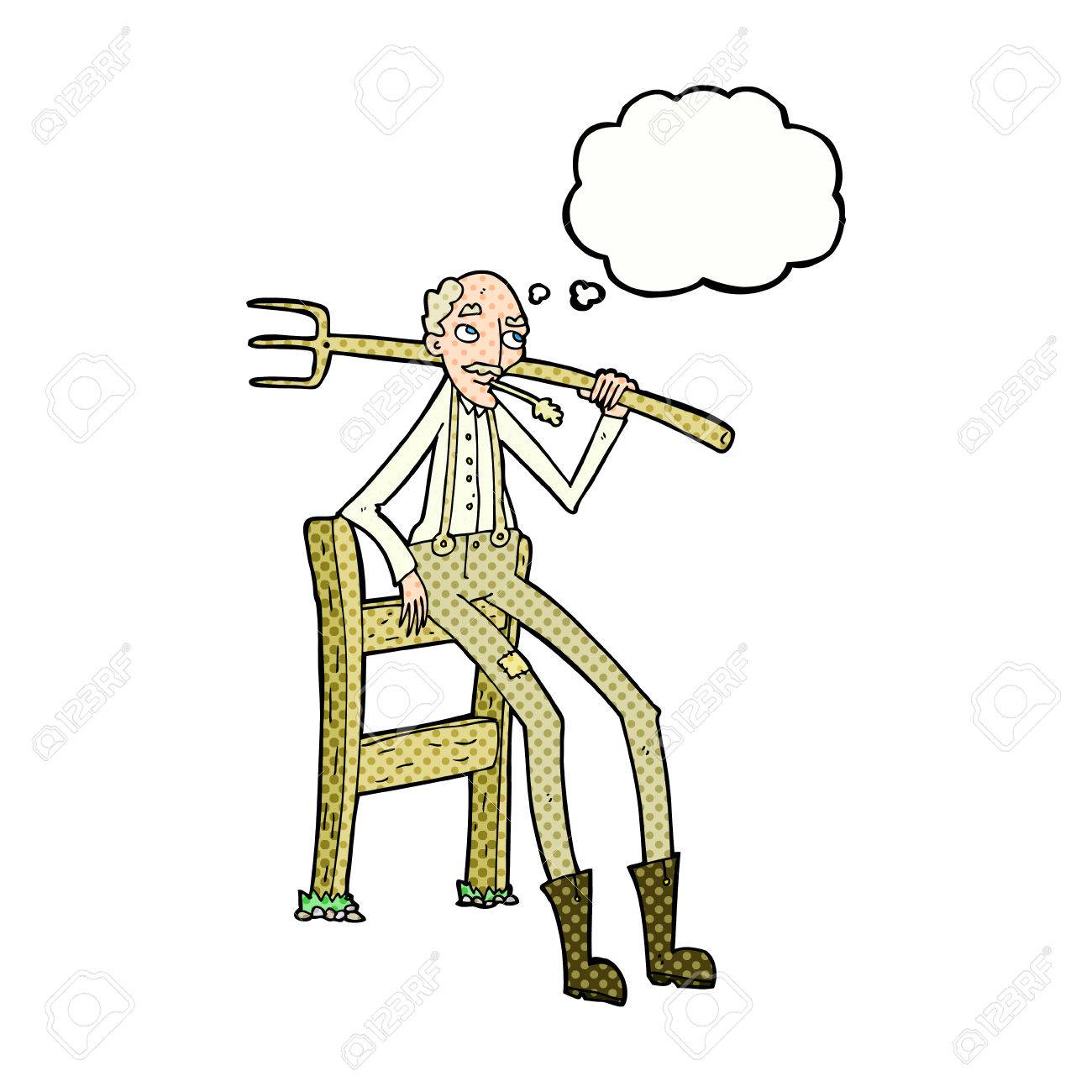 思考バブルのフェンスにもたれ漫画古い農家のイラスト素材 ベクタ Image