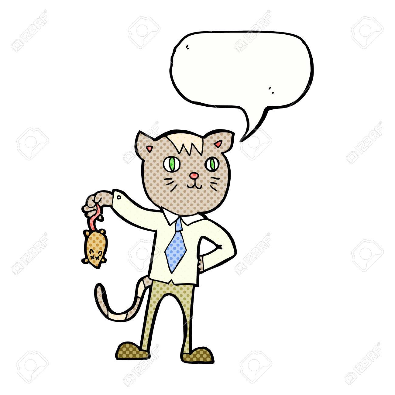 Chat Daffaires De Dessin Animé Avec Souris Morte Avec Bulle