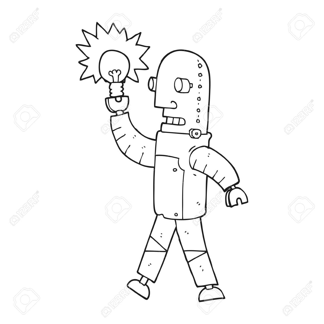 電球と黒と白の漫画のロボットをフリーハンド描画のイラスト素材 ベクタ Image