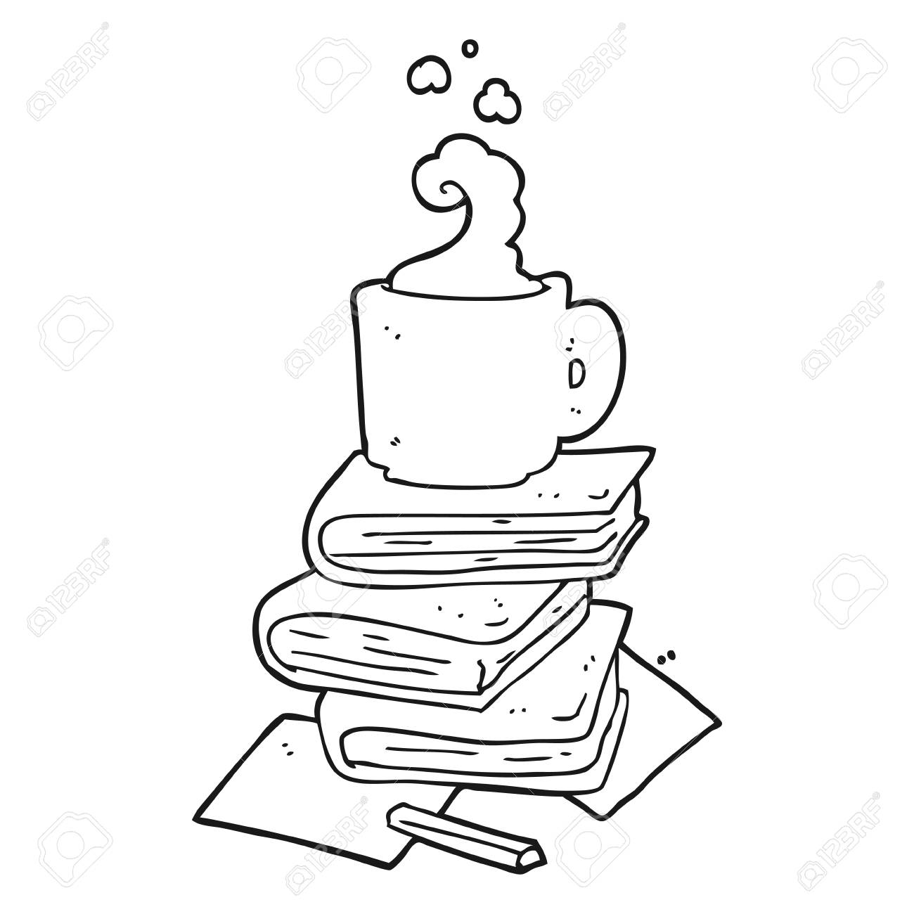 Dibujado A Mano Alzada Libros De Dibujos Animados En Blanco Y Negro Y Una Taza De Café Ilustraciones Vectoriales Clip Art Vectorizado Libre De Derechos Image 53214891