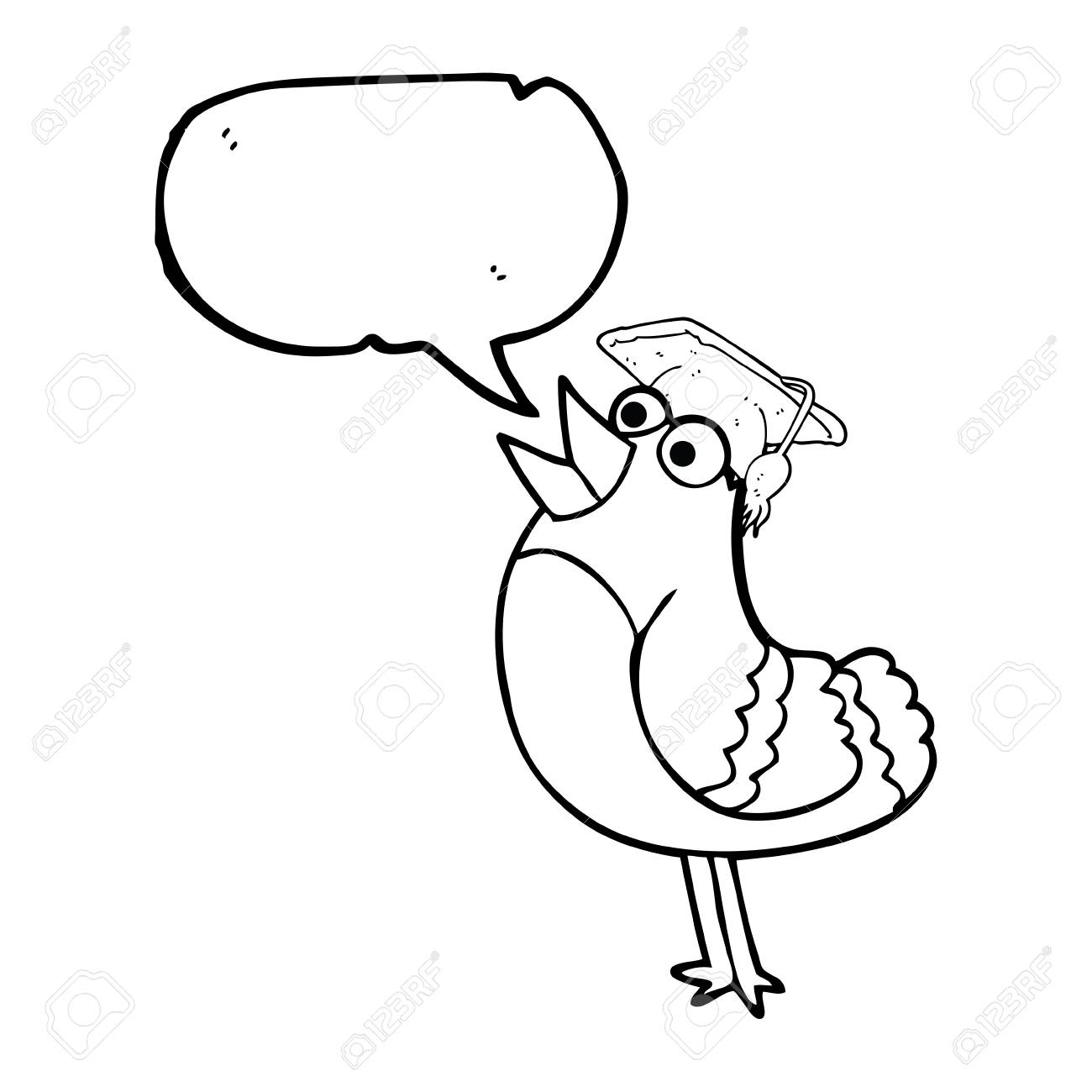 卒業の帽子を身に着けているフリーハンド描画音声バブル漫画鳥のイラスト素材 ベクタ Image