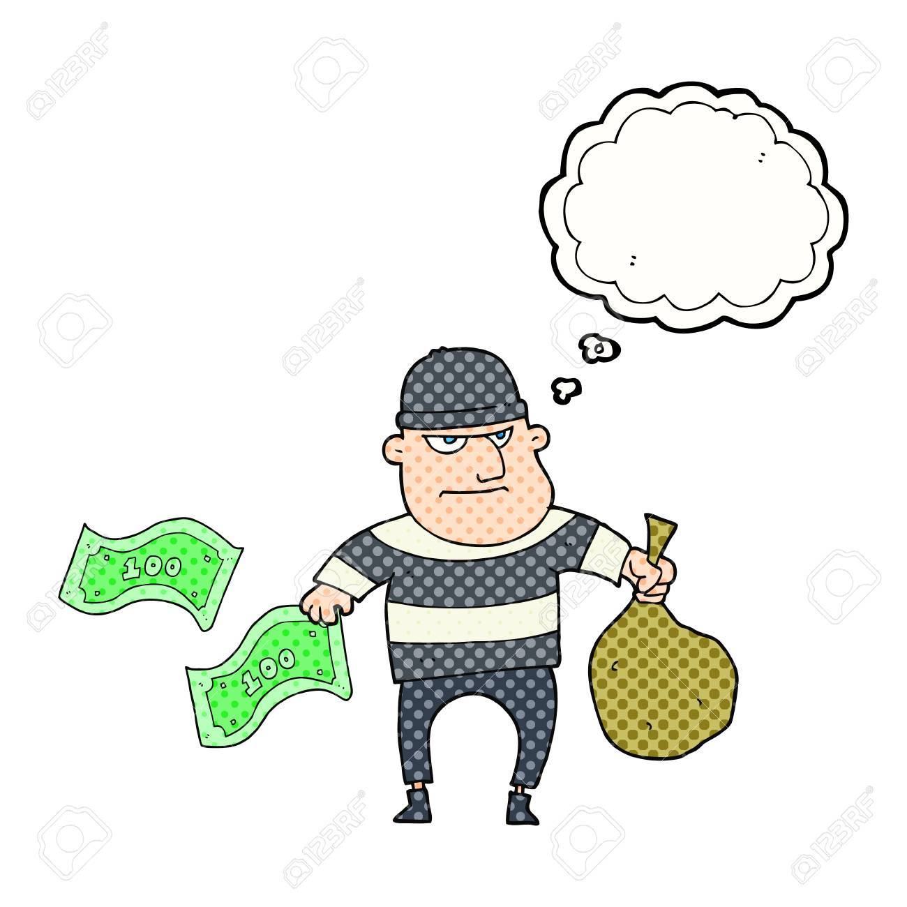 フリーハンド描画思想バブル漫画銀行強盗のイラスト素材 ベクタ Image
