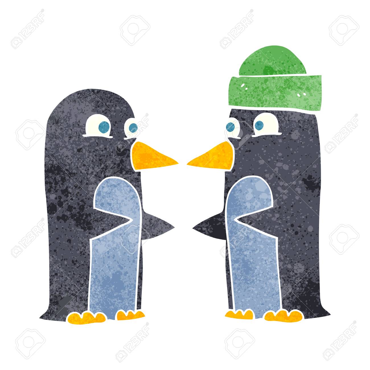 フリーハンドのレトロ漫画ペンギンのイラスト素材 ベクタ Image