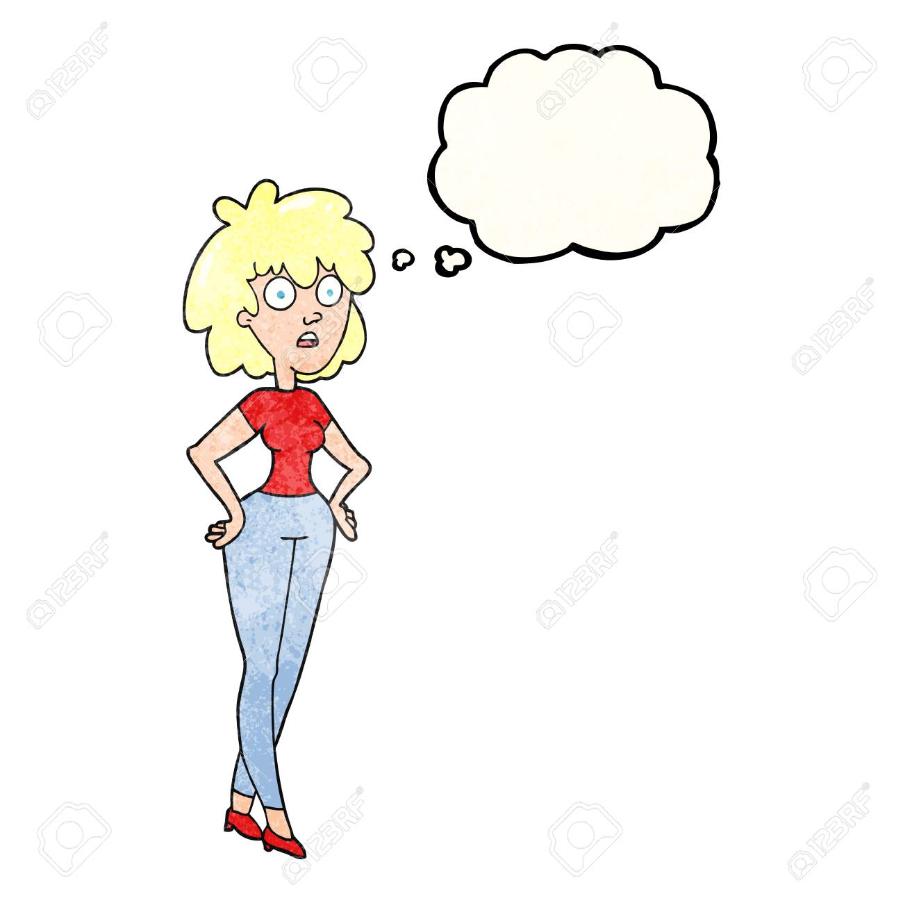 フリーハンド描画思想バブル テクスチャ漫画驚く女性のイラスト素材 ベクタ Image