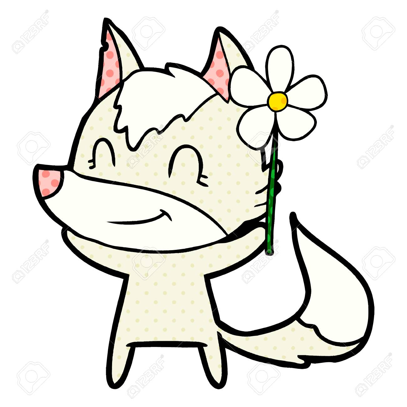 Loup Sympathique Dessin Animé Avec Fleur