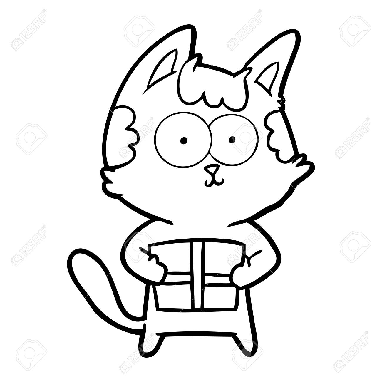 Chat De Dessin Animé Heureux Noir Et Blanc Avec Présent