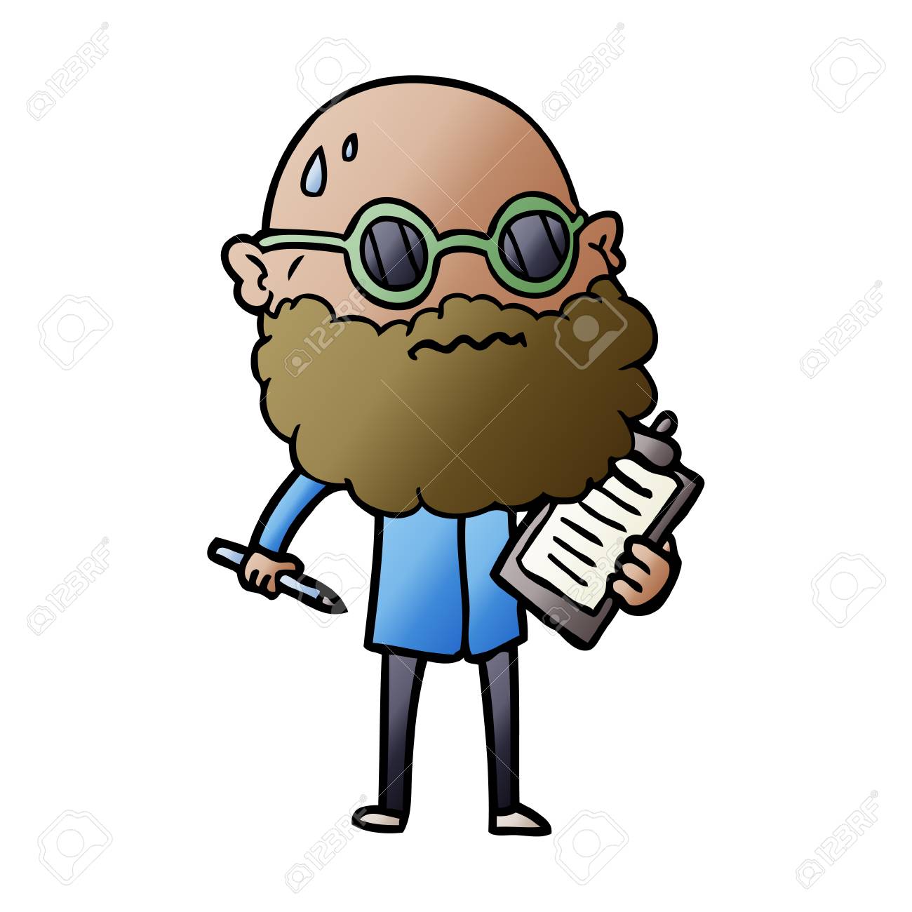 ひげとサングラスを持つ漫画の心配した男は調査を取るのイラスト素材 ベクタ Image