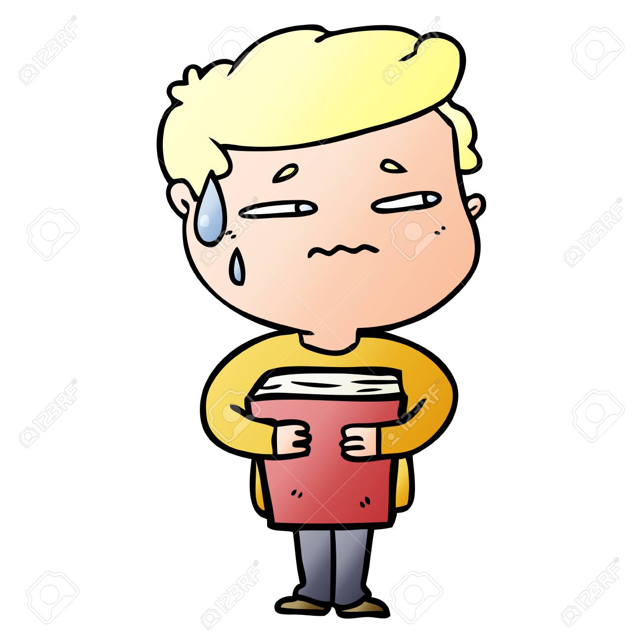 漫画のイラストで本を運ぶ不安な少年 白い背景 のイラスト素材 ベクタ Image