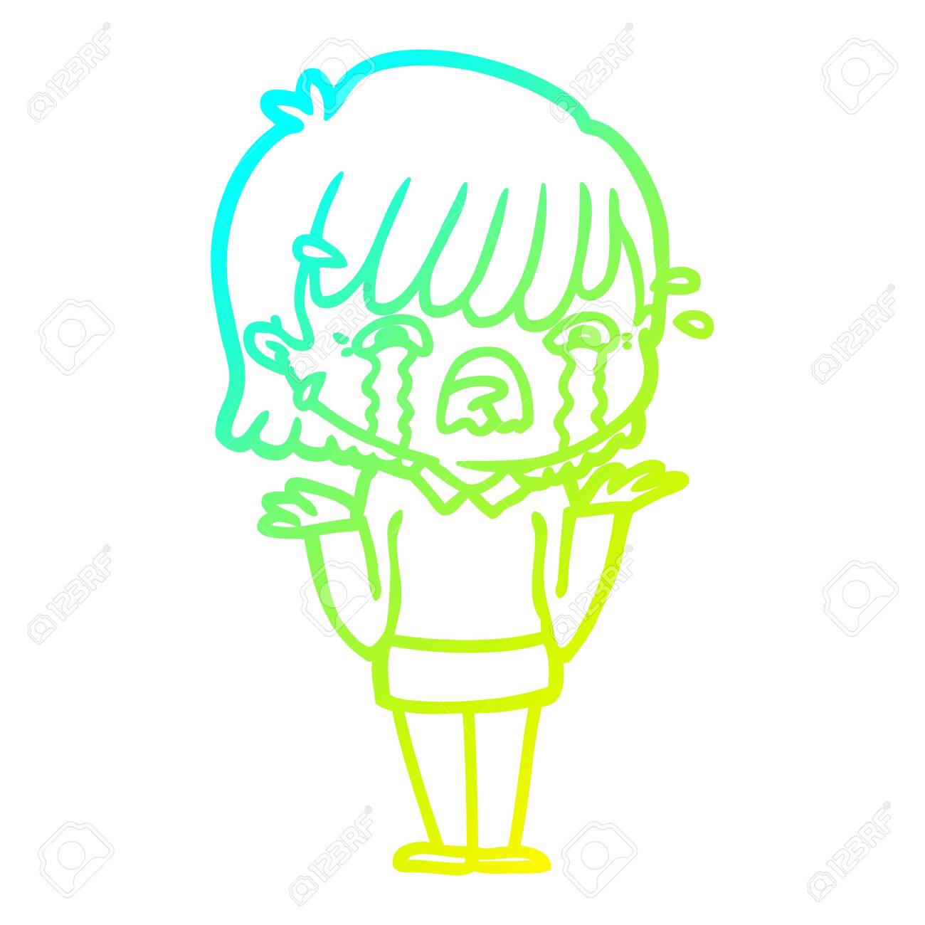 Cold Gradient Line Drawing Of A Cartoon Girl Crying Royalty Free