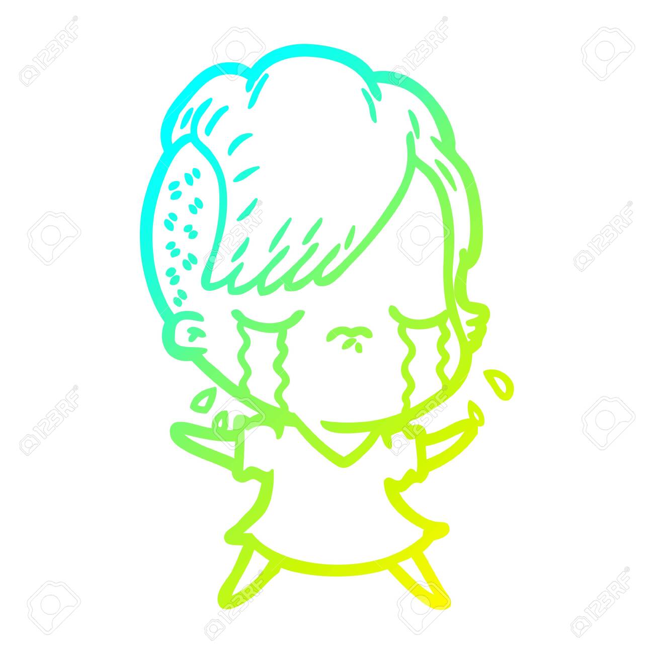 Cold Gradient Line Drawing Of A Cartoon Crying Girl Royalty Free
