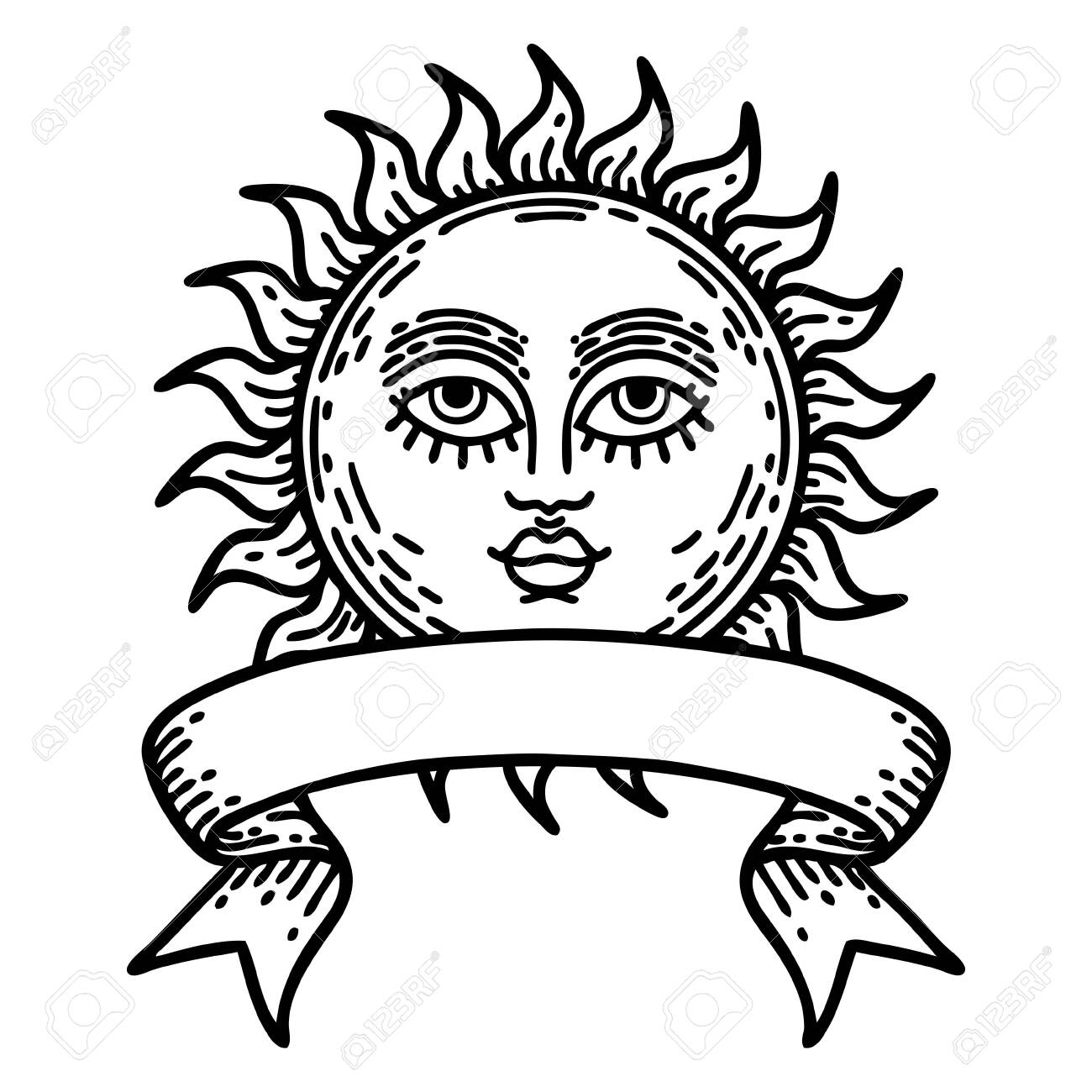 Traditional Black Linework Tattoo With Banner Of A Sun With Face Royalty Free Cliparts Vectors And Stock Illustration Image Traditional Black Linework Tattoo With Banner Of A Sun With Face Royalty Free Cliparts Vectors And Stock Illustration Image