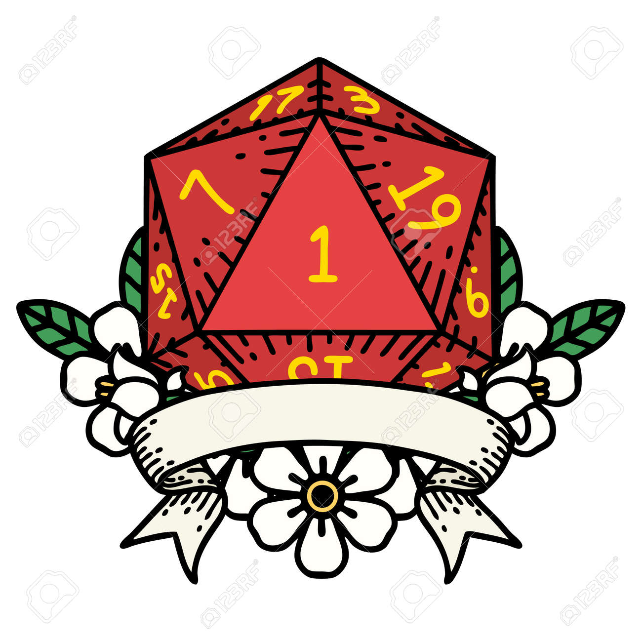 Retro Tattoo Style natural one d20 dice roll - 146143104 Retro Tattoo Style natural one d20 dice roll - 146143104