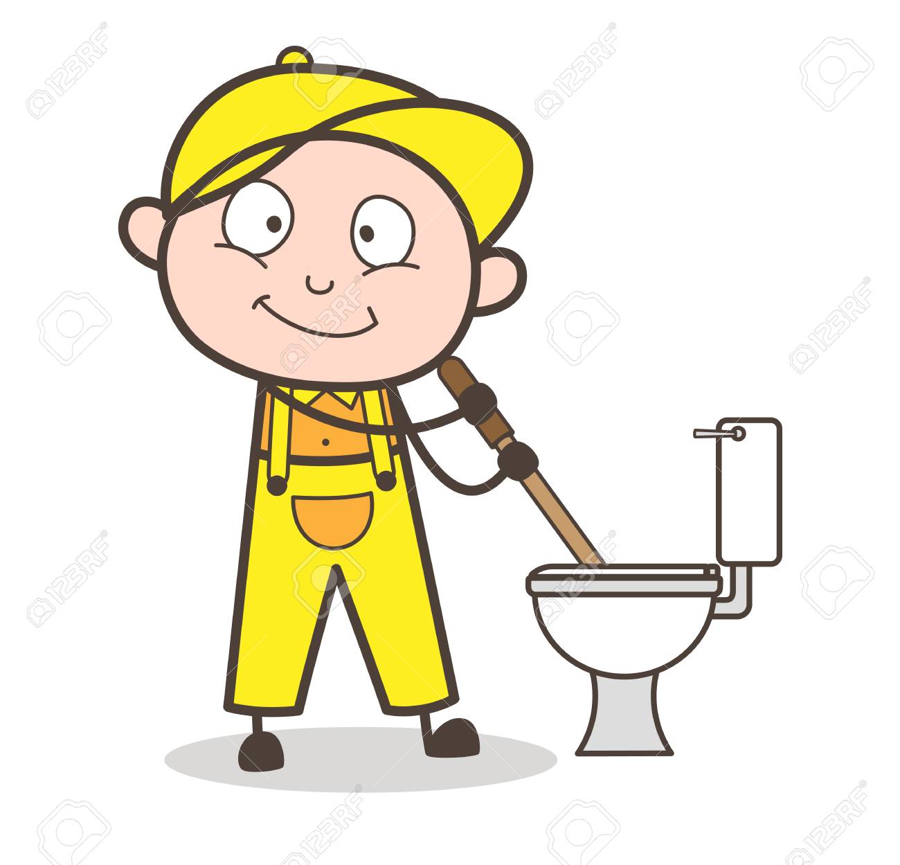 cartoon plumber cleaning toilet seat vector illustration royalty
