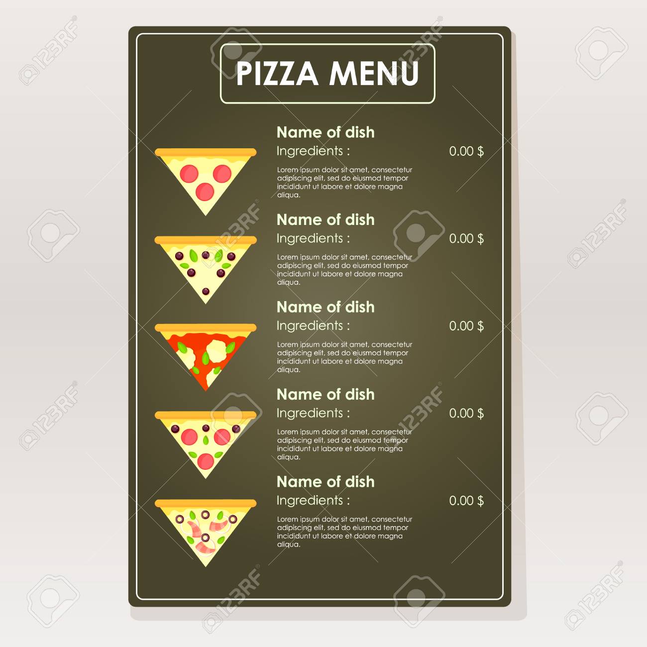 カフェ レストラン バーのデザイン サンプルのピザのメニュー 暗い背景 ベクトル図で三角形のスライス のイラスト素材 ベクタ Image カフェ レストラン バーのデザイン サンプルのピザのメニュー 暗い背景 ベクトル図で三角形のスライス のイラスト素材 ベクタ Image