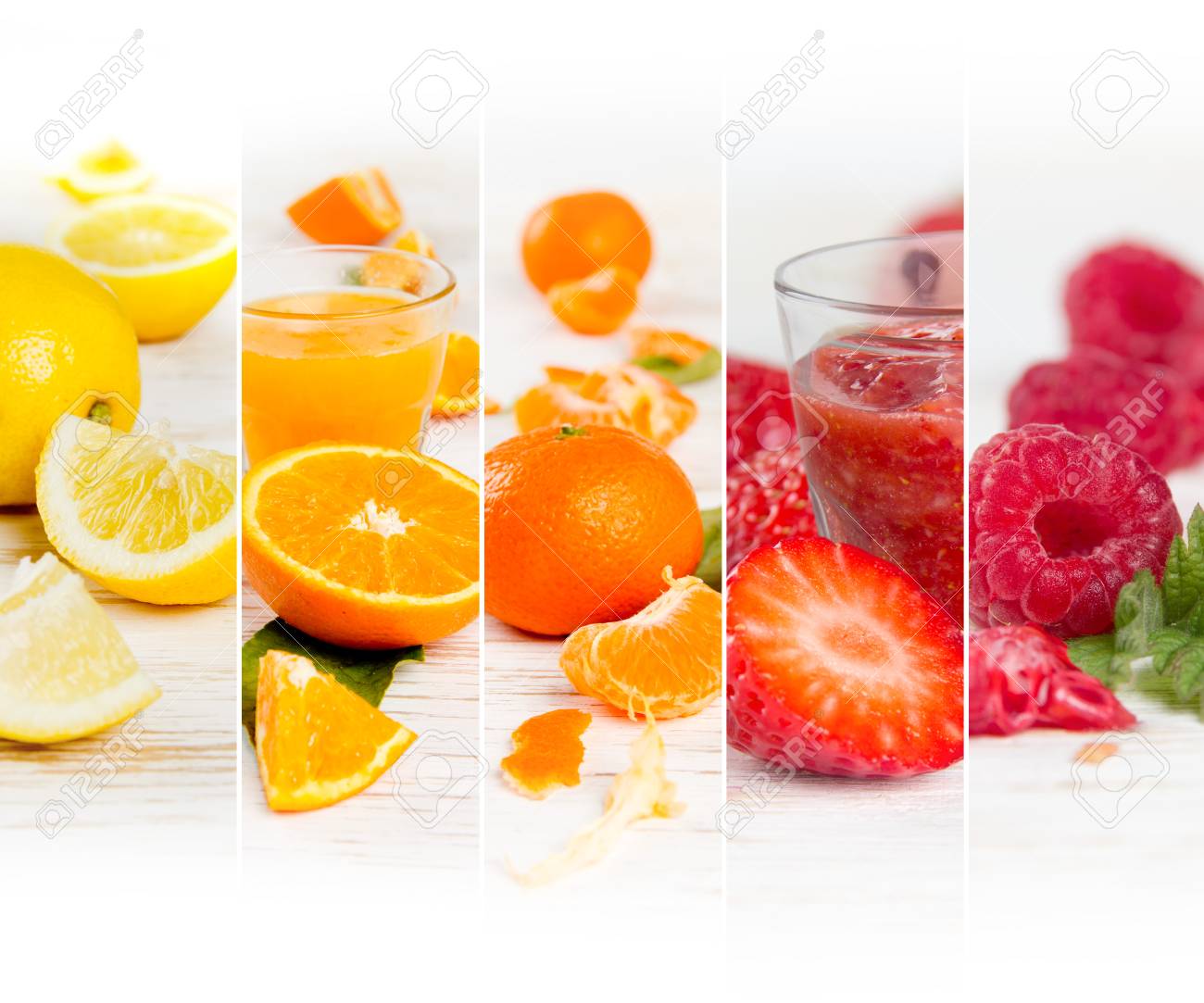 フルーツ ドリンクやスライスのカラフルなミックス ストライプの写真健康的な食事の概念 本文の空白 の写真素材 画像素材 Image