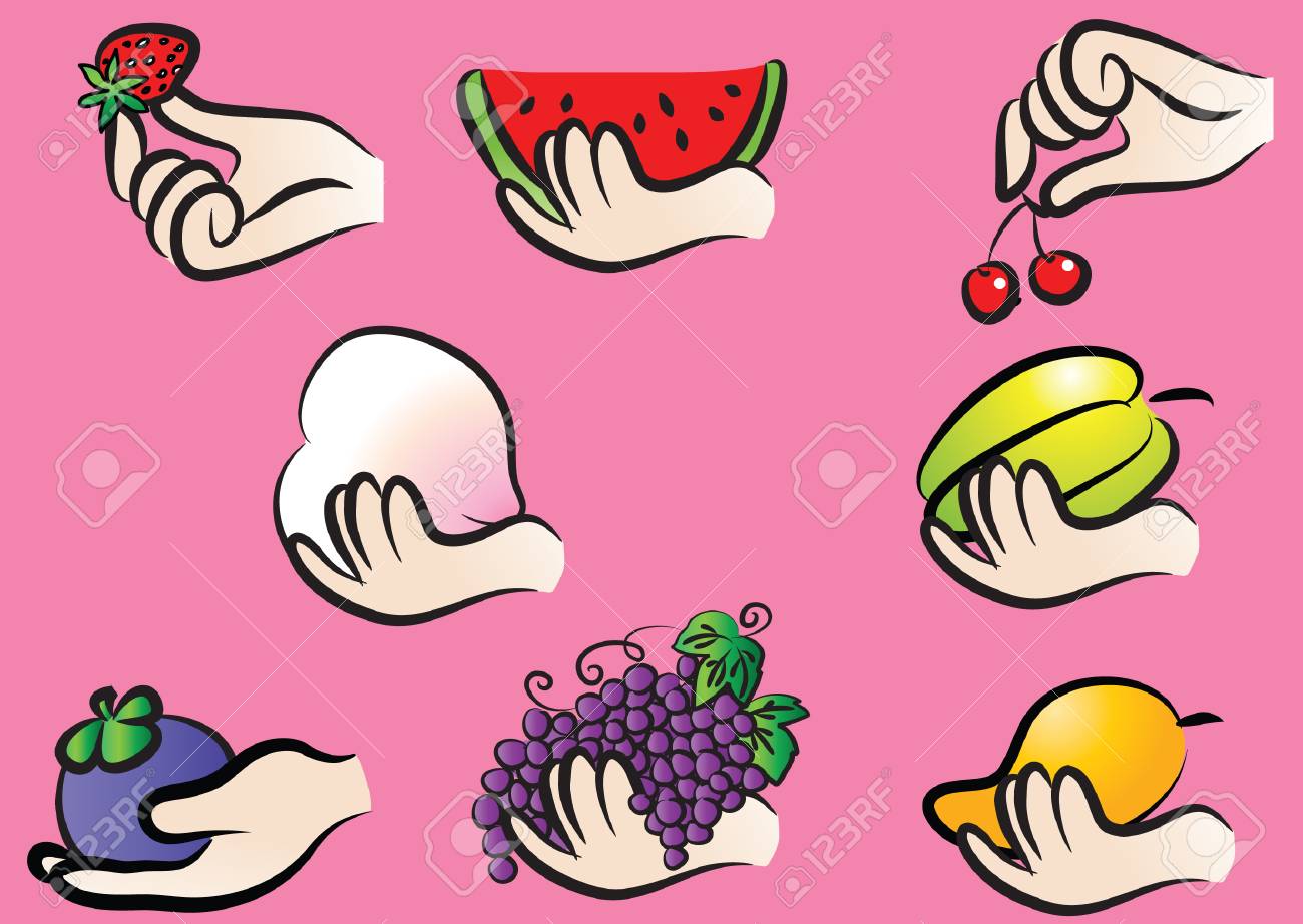 ピンクの背景に異なる果物を保持する手 のイラスト素材 ベクタ Image