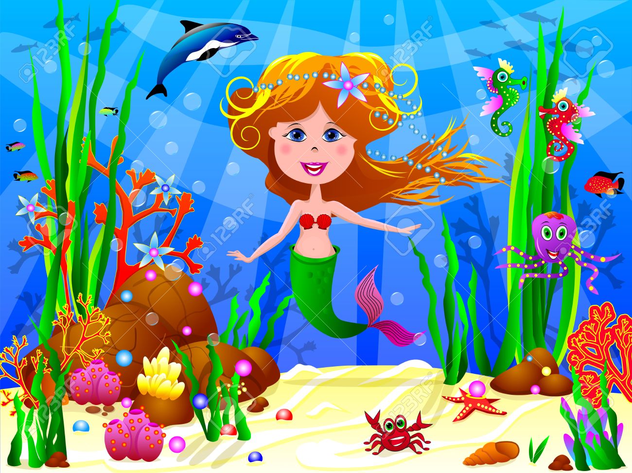 the little mermaid swims under water among sea creatures and