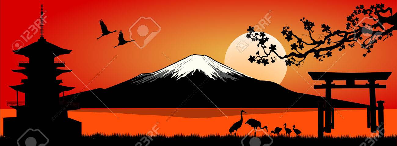 夕暮れ時のシルエットの富士の山 富士山 風景 のイラスト素材 ベクタ Image