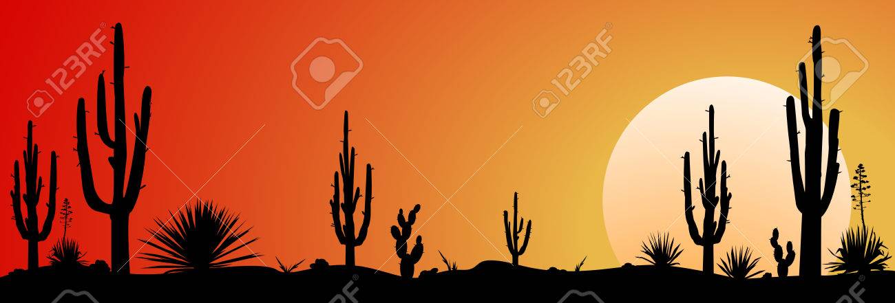 Sunset In The Mexican Desert Silhouettes Of Cacti And Plants Desert Landscape With Cactuses Royalty Free Cliparts Vectors And Stock Illustration Image 64666917