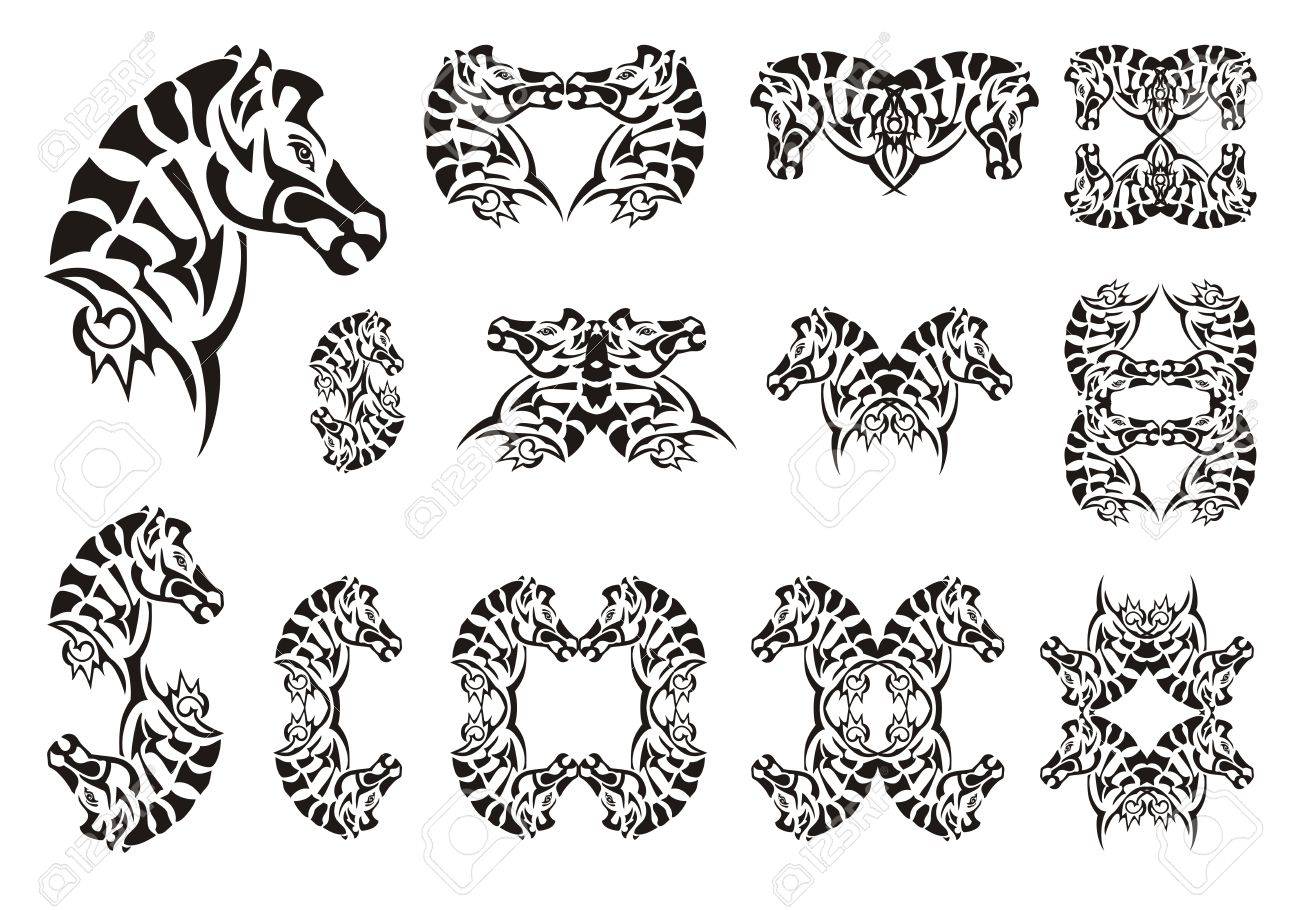 Banque d\u0027images , Tribaux symboles de tête de zèbre. Ensemble de tête vecteur zèbre sur un fond blanc. Tatouage, symbole, cadre de zèbre ou un élément