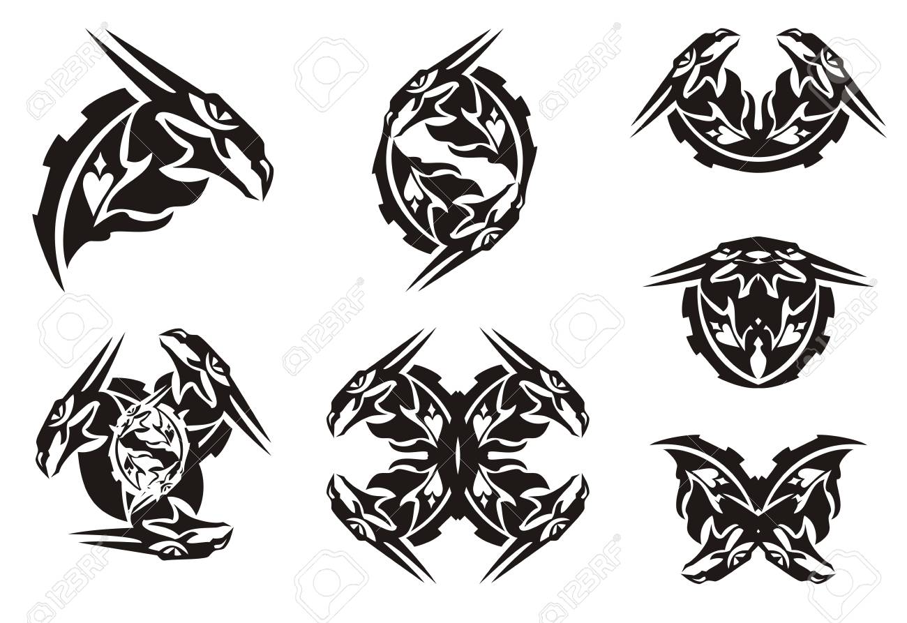 Schwarze Drachenkopfsymbole In Der Stammes Art Spitzer Drachenkopf Symbole Fur Eine Tatowierung Vinyl Schneiden Und Andere Lizenzfrei Nutzbare Vektorgrafiken Clip Arts Illustrationen Image 88539490