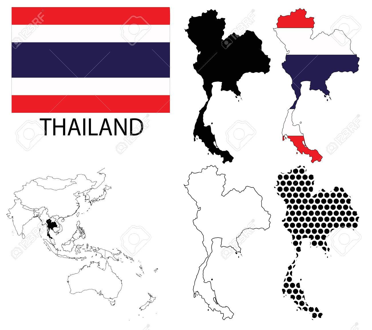 タイの 4 つの省略可能な輪郭マップ 国旗 アジア地図のベクトル のイラスト素材 ベクタ Image