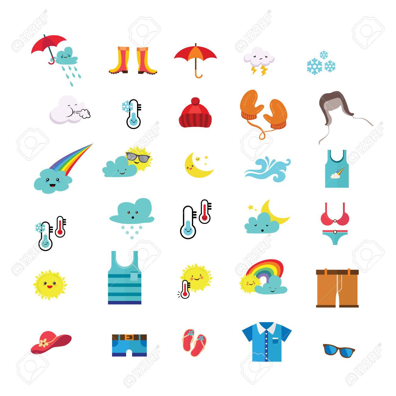 weather icons and seasonal clothes vector illustration royalty free