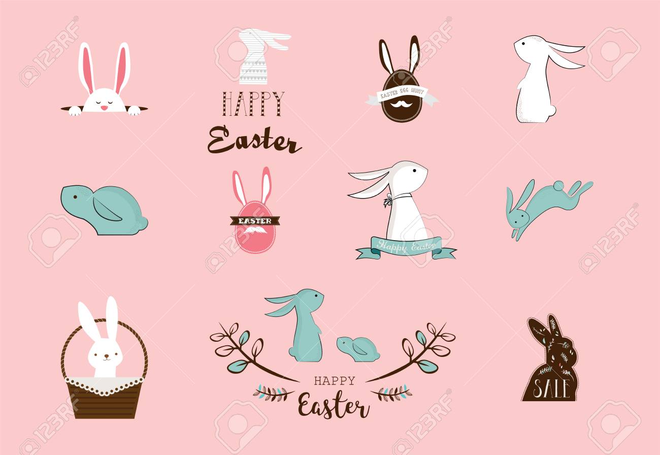 バニー ウサギ かわいいキャラクターセット イースター 子供と赤ちゃんのtシャツやグリーティングカードのイラスト素材 ベクタ Image