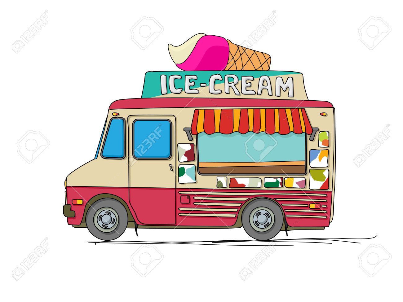 Ice Cream Truck Cartoon Zeichnung Auf Weissem Lizenzfrei Nutzbare Vektorgrafiken Clip Arts Illustrationen Image 21446484
