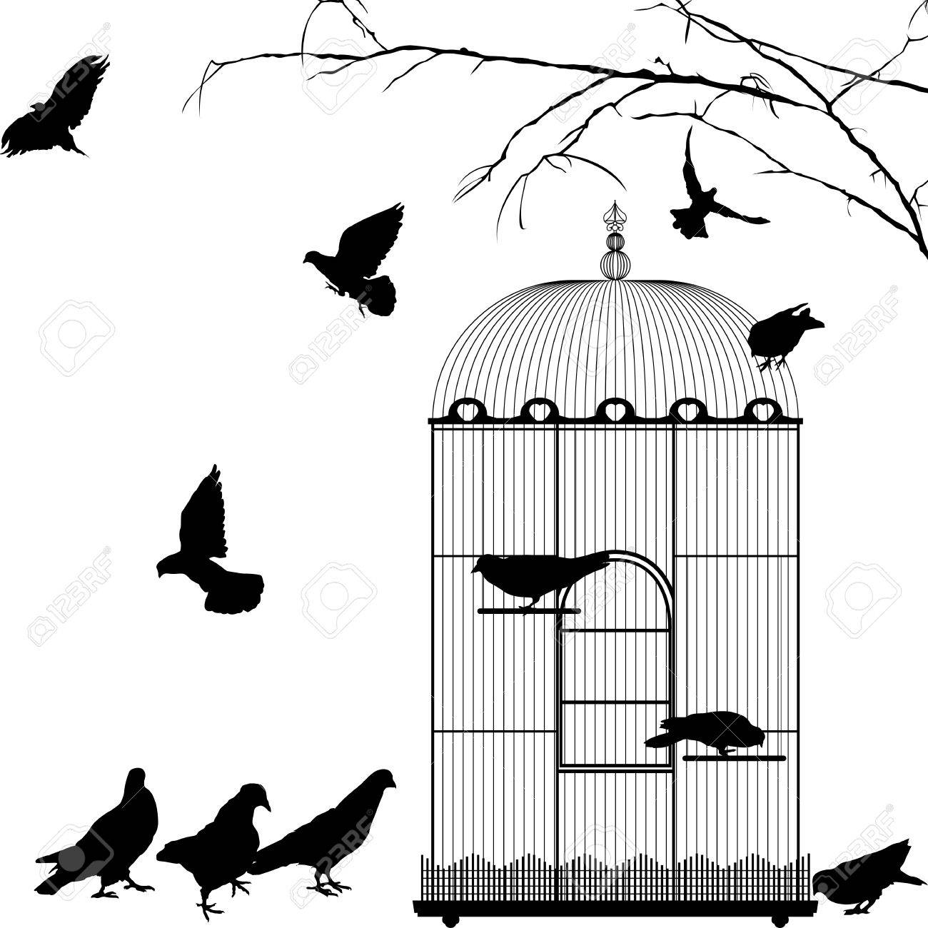 白い背景の上の鳥かごと鳥のシルエットのイラスト素材 ベクタ Image