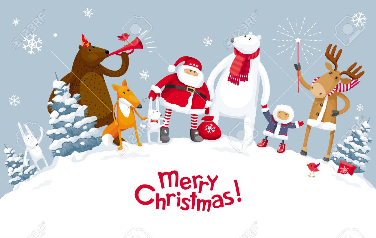 森の動物漫画のサンタ クロースと面白い参加と冬の森クリスマス パーティー エルク 鹿 キツネ ウサギ クマ シロクマ ポスター バナー 営業 その他の冬のイベント のイラスト素材 ベクタ Image