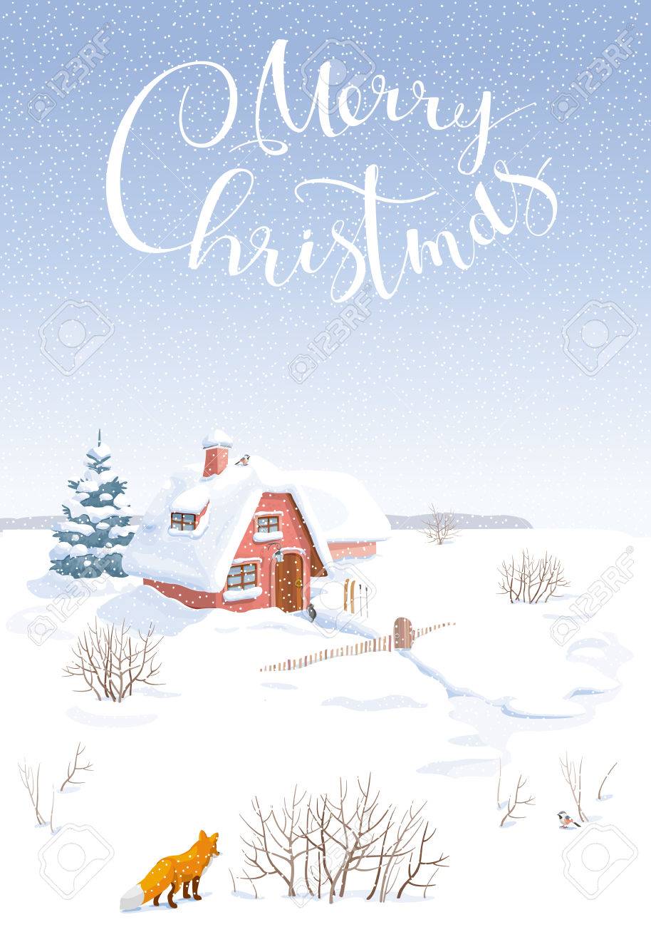 小さな家とモミの木の冬の農村ベクトル風景です 画像は 販売およびその他のクリスマス イベントのクリスマス カード バナーやポスターとして使用できます のイラスト素材 ベクタ Image