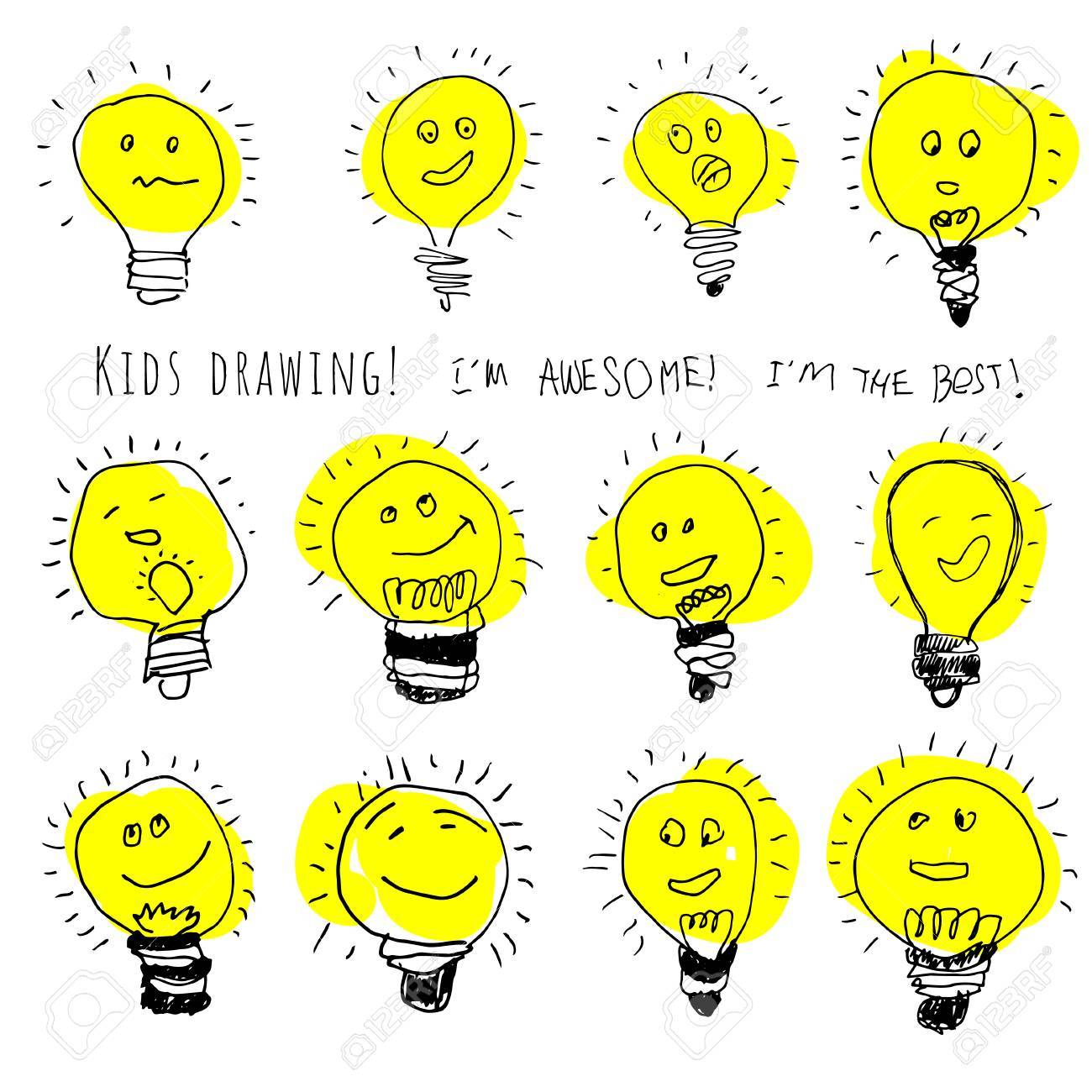 set of bulb icons stylized kids drawing children drawing of