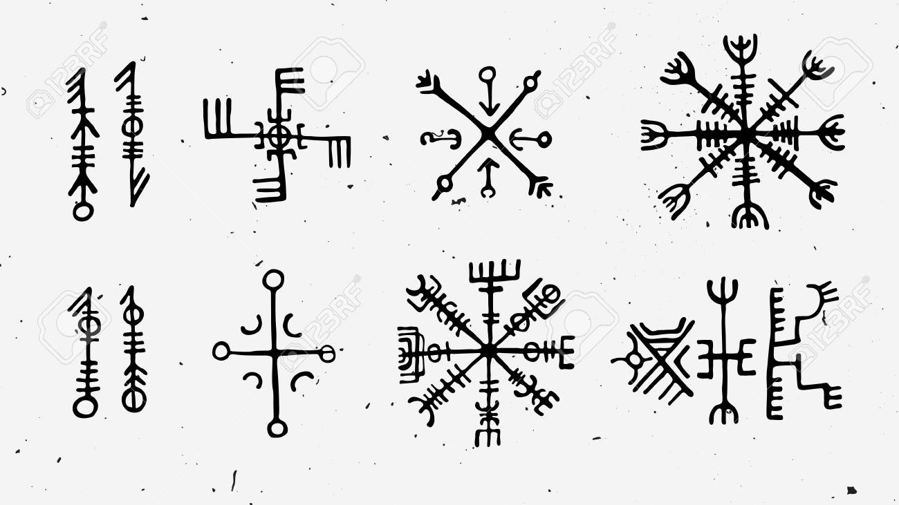 Futhark Norse Islandic And Viking Runes Set. Magic Hand Draw Symbols As  Scripted Talismans. Vector Set Of Ancient Runes Of Iceland. Galdrastafir,  Mystic Signs Of Early North Magic. Ethnic Norse Viking Tattoo, image size:1300x731