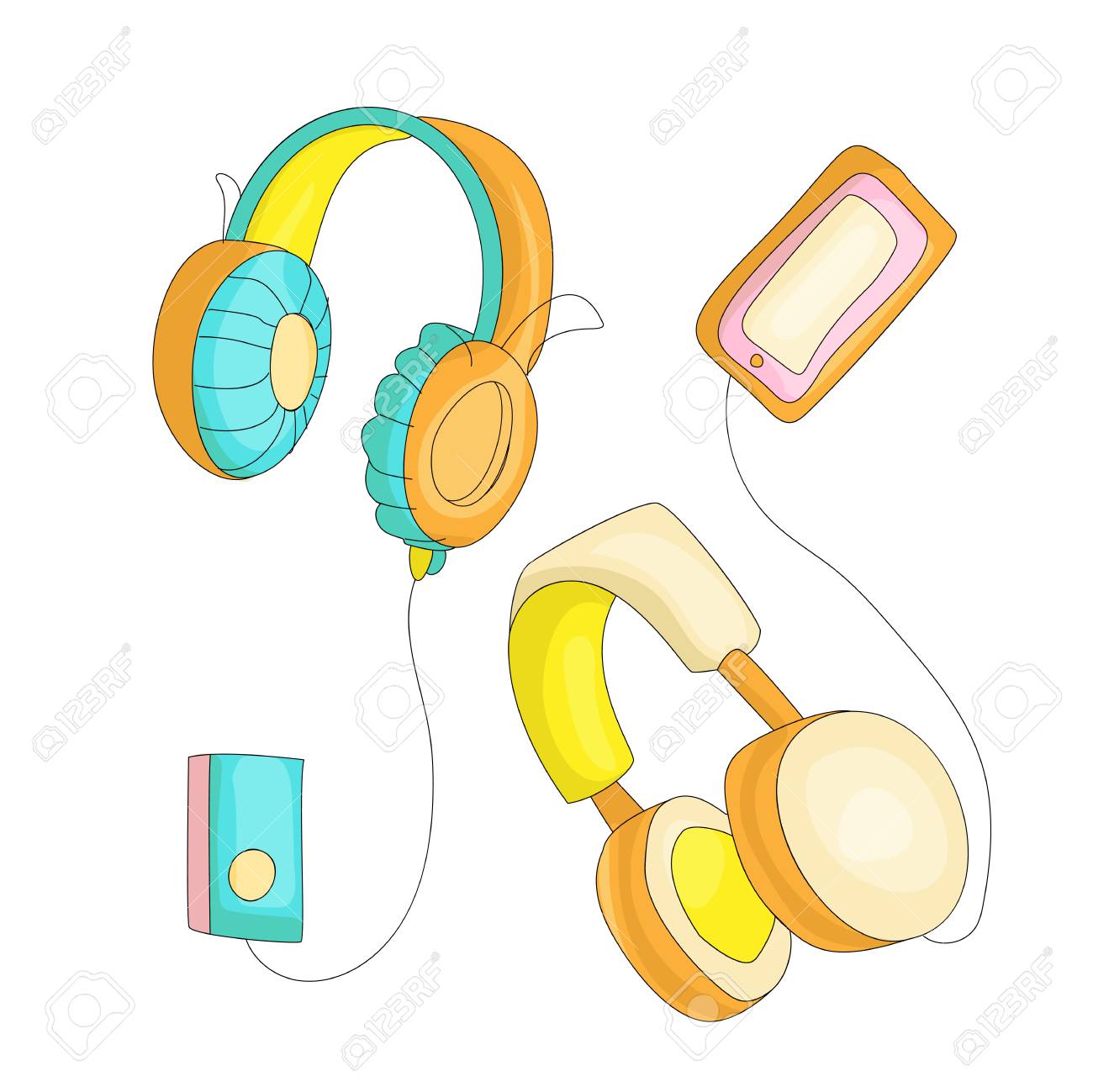 Funny Cartoon Set Of Colored Headphones With Retro Players Cassette Royalty Free Cliparts Vectors And Stock Illustration Image 127413553