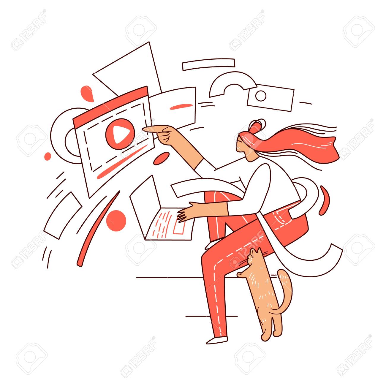 Educação on-line, aprendendo em um conceito gráfico abstrato de vetor de laptop. menina sentada em casa na frente do computador, assistindo vídeo educacional com um gato. universidade on-line, curso escolar - 146088302 Educação on-line, aprendendo em um conceito gráfico abstrato de vetor de laptop. menina sentada em casa na frente do computador, assistindo vídeo educacional com um gato. universidade on-line, curso escolar - 146088302