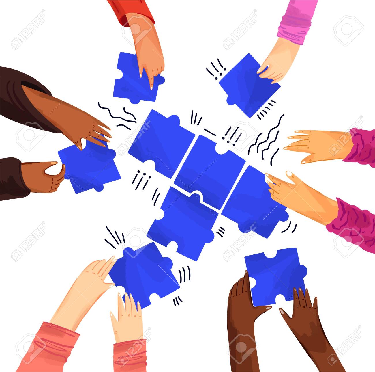Hands of diverse people with puzzles vector illustration. Solving problems with team, making decisions. Hands assembling jigsaw puzzle, african and caucasian team put pieces together - 148395855 Hands of diverse people with puzzles vector illustration. Solving problems with team, making decisions. Hands assembling jigsaw puzzle, african and caucasian team put pieces together - 148395855