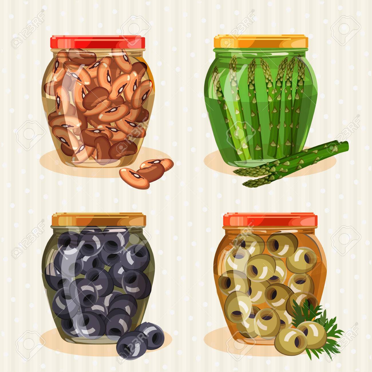 野菜と瓶のセットです オリーブ ピクルス ピクルス アスパラガス のイラスト素材 ベクタ Image
