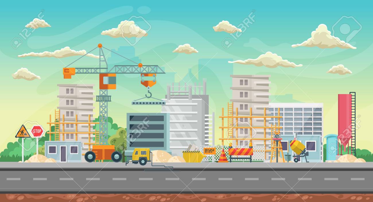 Vector game background. Landscape orientation. Panorama with construction - 105149904 Vector game background. Landscape orientation. Panorama with construction - 105149904