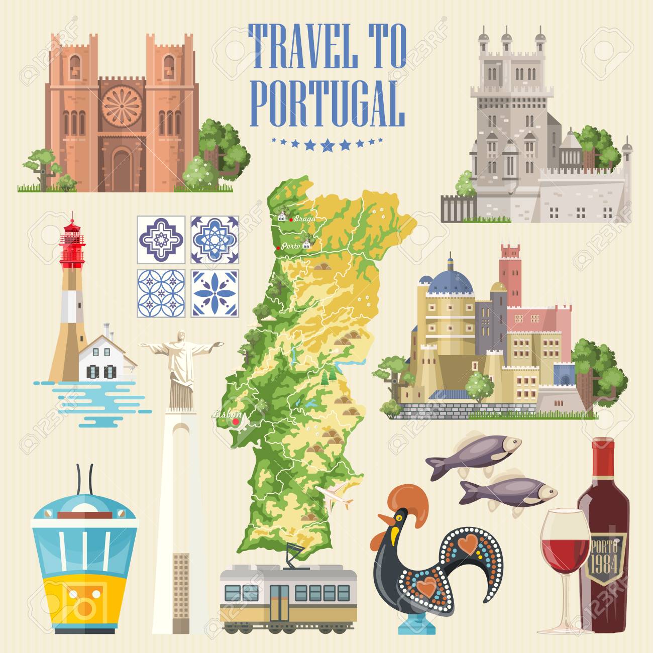 Portugal Travel Vector Postcard In Modern Flat Style With Lisbon Buildings And Portuguese Souvenirs Lisbon City Royalty Free Cliparts Vectors And Stock Illustration Image 110527092